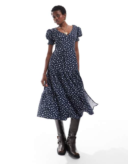 Daisy Street - Vestito da giorno midi blu navy a fiorellini bianchi con scollo a V