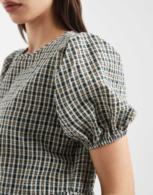 Daisy Street - Vestito grembiule a balze blu navy a quadri con maniche a sbuffo, 2 di 4