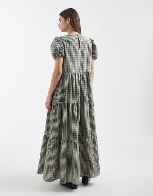Daisy Street - Vestito grembiule a balze blu navy a quadri con maniche a sbuffo, 3 di 4