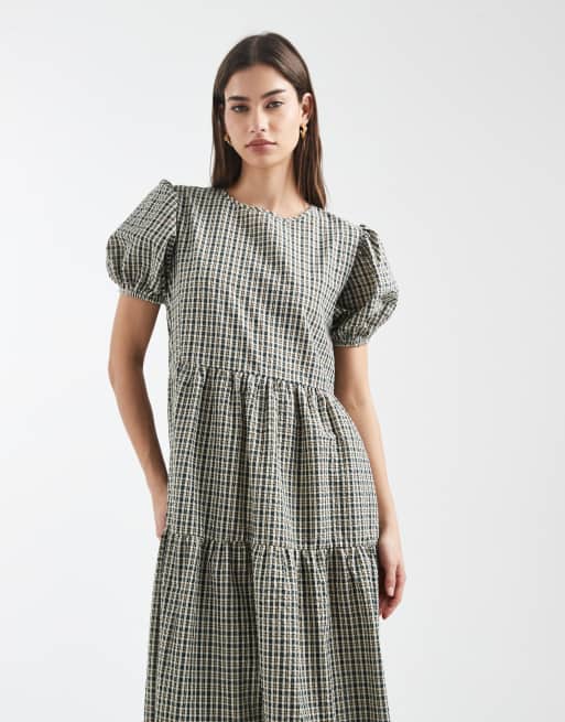Daisy Street - Vestito grembiule a balze blu navy a quadri con maniche a sbuffo, 4 di 4