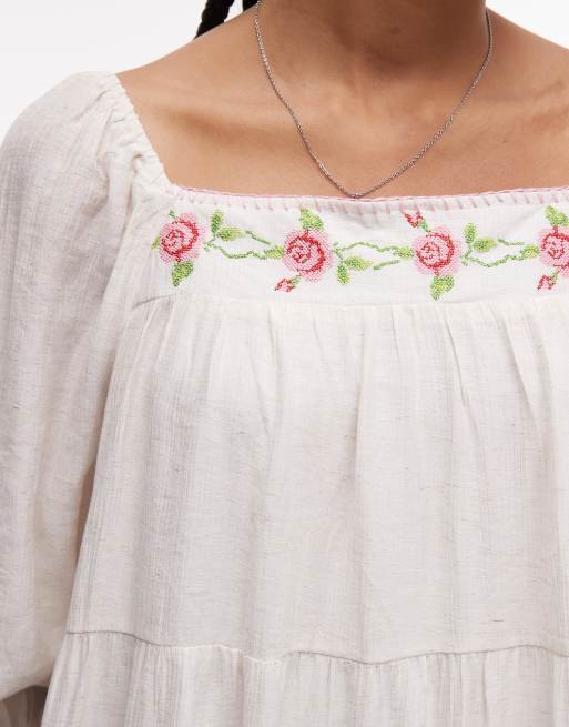 Daisy Street - Vestito grembiule bianco con ricamo floreale, 3 di 4