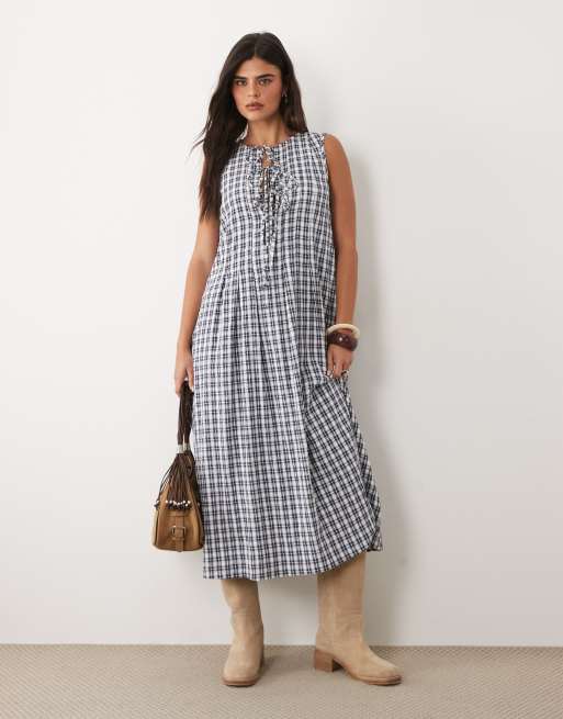 Daisy Street - Vestito grembiule lungo blu a quadri allacciato sul davanti, 3 di 4