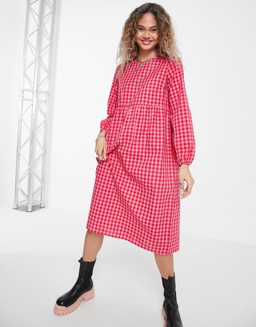 Daisy Street - Vestito grembiule midi a maniche lunghe con motivo a quadretti