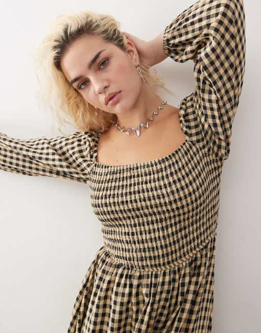 Daisy Street - Vestito lungo arricciato nero e beige a quadri, 4 di 4