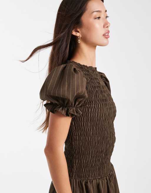 Daisy Street - Vestito lungo con maniche a sbuffo e vita scesa marrone e giallo gessato, 2 di 4