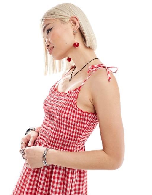 Daisy Street - Vestito lungo con spalline sottili allacciate rosso a quadretti con, 4 di 4
