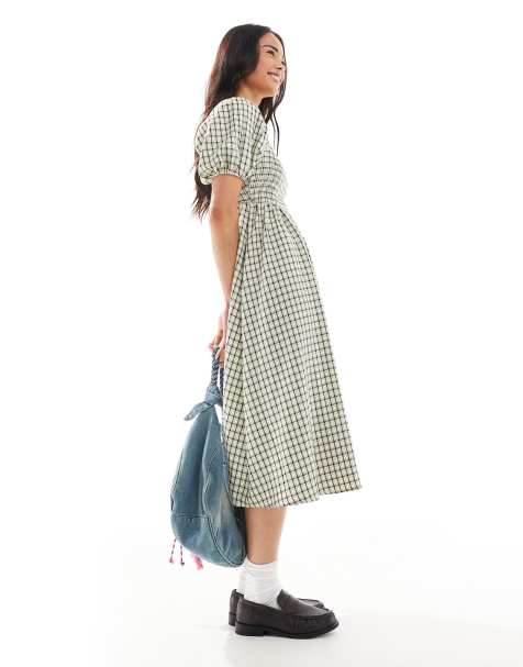 Daisy Street - Vestito midi arricciato con maniche a sbuffo giallo a quadri - view 1
