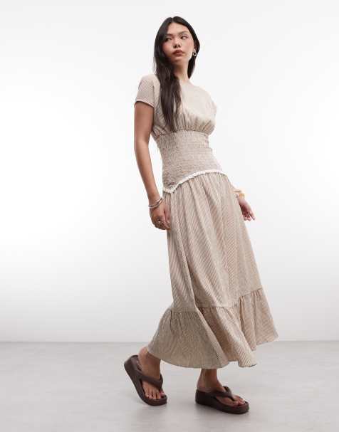 Daisy Street - Vestito midi arricciato con vita scesa e dettagli in pizzo marrone a righe - view 1