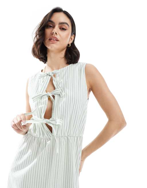 Daisy Street - Vestito midi squadrato verde salvia a righe, 2 di 4