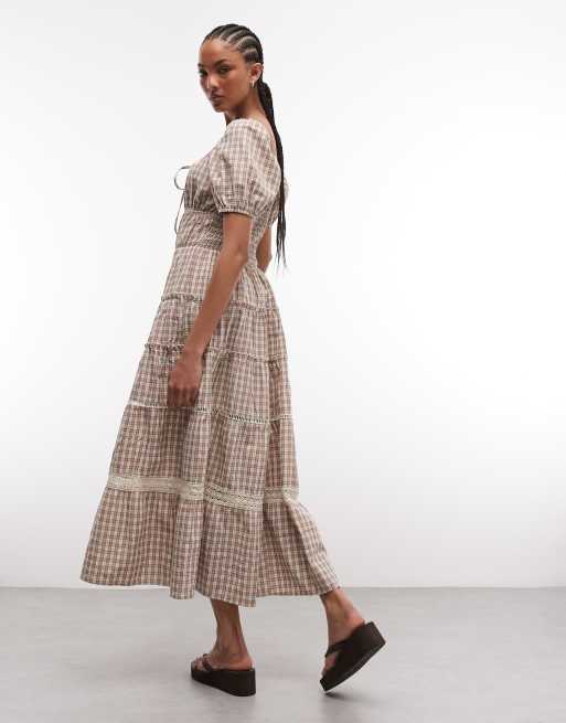 Daisy Street - Vestito milkmaid midi a balze marrone a quadri, 3 di 4