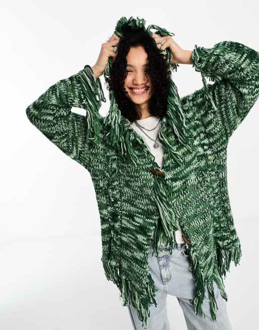 Daisy Street vintage style shaggy cardigan in green space knit | ASOS