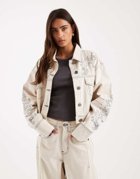 Daisy Street volume sleeve curved hem denim jacket with embroidery in cream co-ord