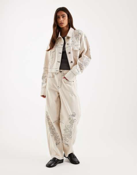 Daisy Street volume sleeve curved hem denim jacket with embroidery in cream co-ord - view 1