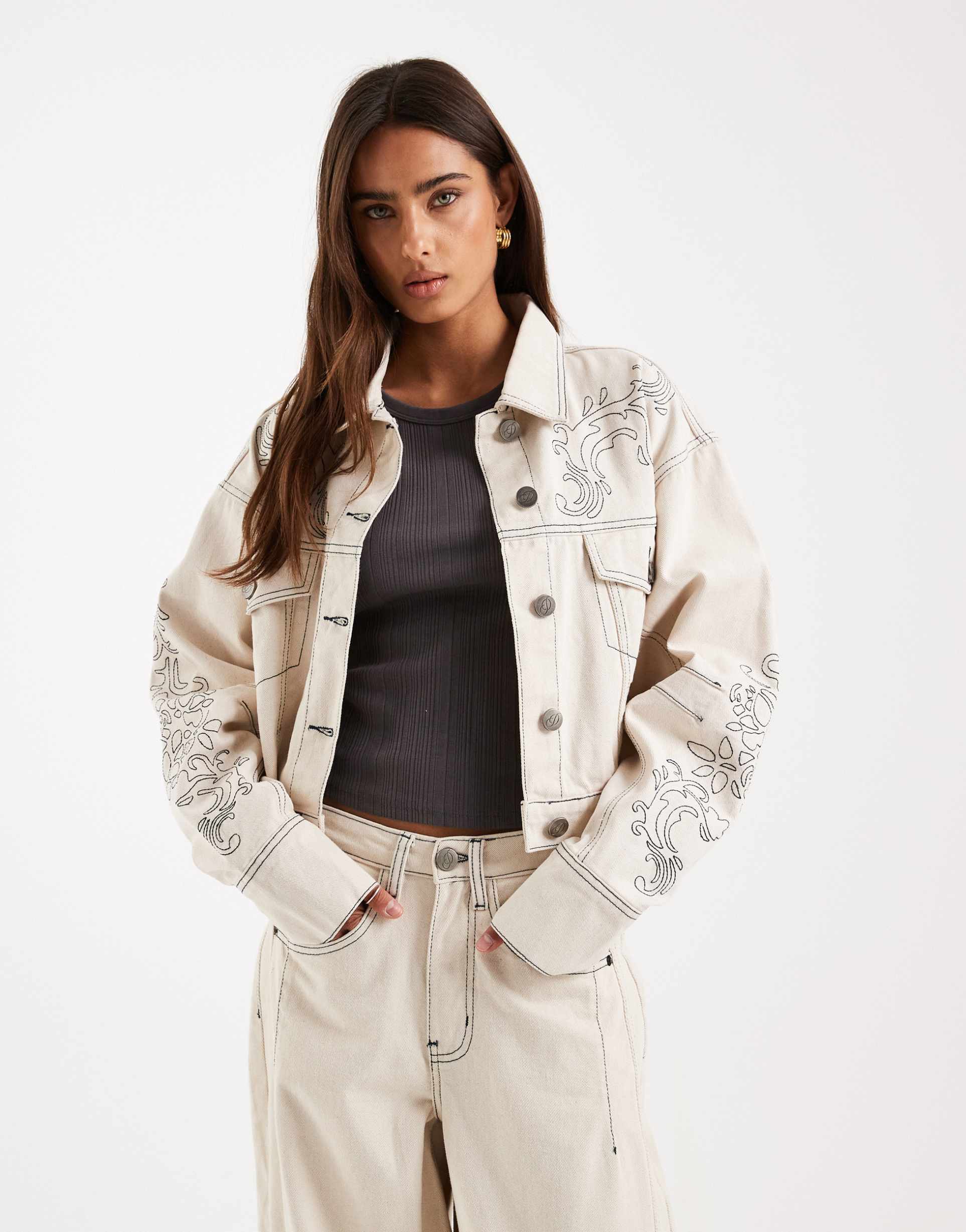 daisy street volume sleeve curved hem denim jacket with embroidery in cream - part of a set