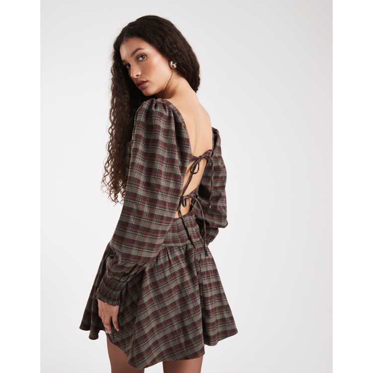Daisy Street volume sleeve drop waist mini dress in burgundy navy