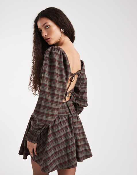 Daisy Street volume sleeve drop waist mini dress in burgundy navy check