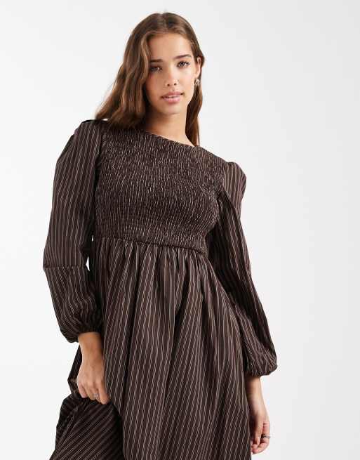 Daisy Street volume sleeve midaxi dress in brown stripe, 3 of 4