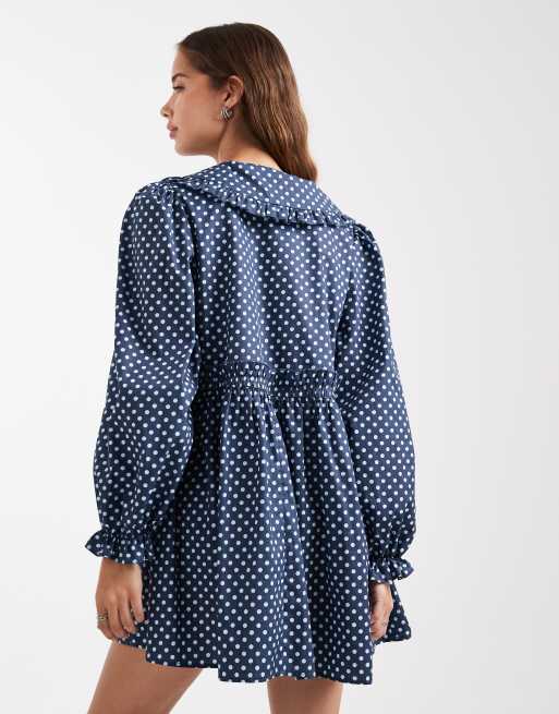 Daisy Street volume sleeve smock dress with oversized collar in polka dot, 3 of 4