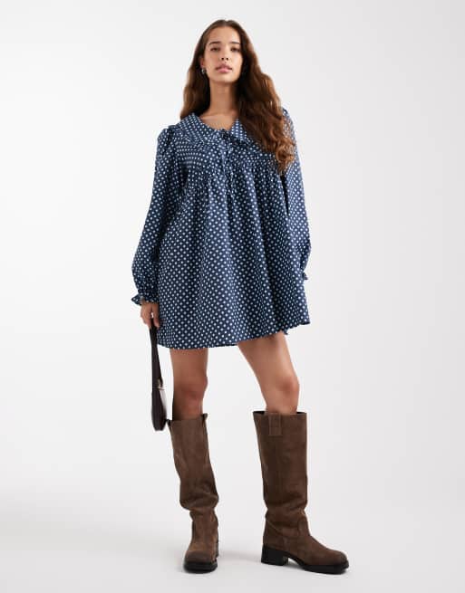 Daisy Street volume sleeve smock mini dress with oversized collar in brown