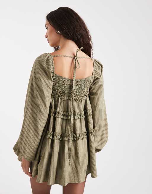 Daisy Street volume tiered long sleeve mini dress in green stripe, 4 of 4