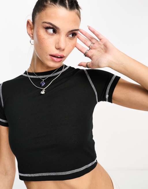 Daisy Street washed black crop t-shirt with contrast stitch