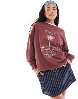 Daisy Street Washed Sweatshirt With Palm Springs Graphic In Burgundy