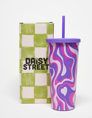 Daisy Street wavey heart print re-usable drinking cup and straw in lilac - ASOS Price Checker