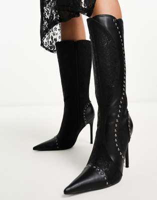 Daisy Street Wavy Studded Knee Boots In Black