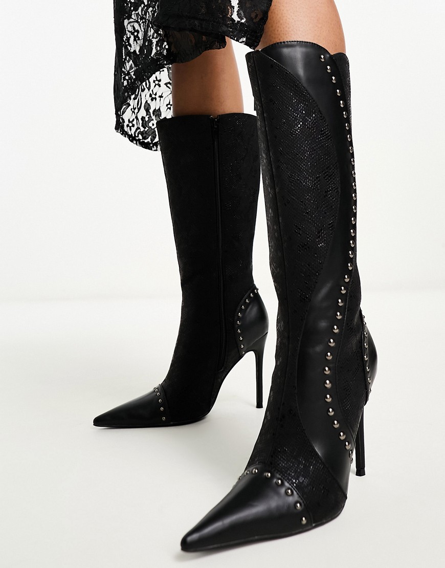 wavy studded knee boots in black