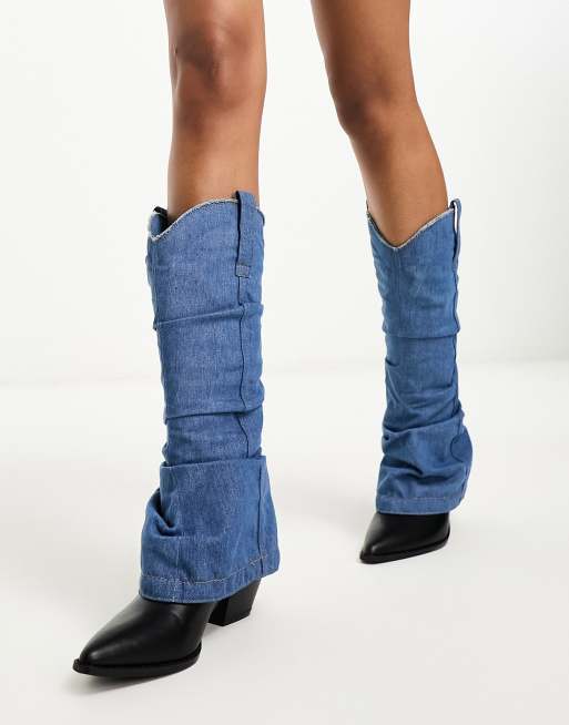 Daisy Street - Western knielaarzen met rimpeleffect in zwart en denim