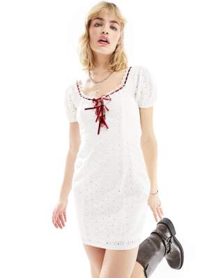 daisy street white lace mini milkmaid dress with red ribbon detail
