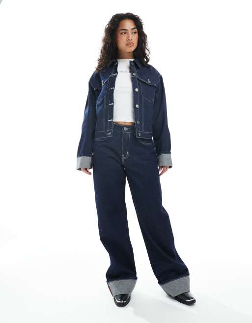 Daisy Street wide leg denim jeans with turn up cuffs in navy indigo (part of a set)