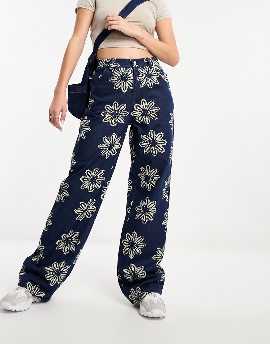 Daisy Street wide leg jeans in batik floral denim with fray pockets-Blue