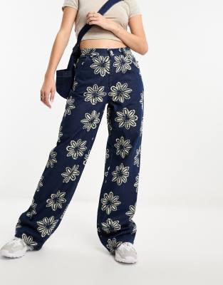 Women Wide Leg Jeans Floral Pockets Pant Denim Trousers