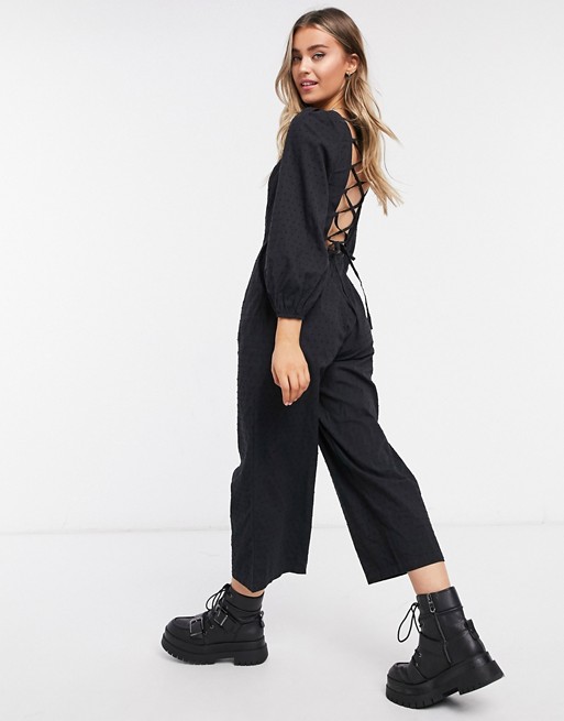 Daisy Street wide leg jumpsuit with lace up back in texture