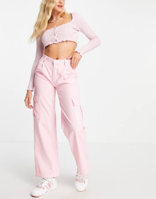 Daisy Street wide leg low rise Y2K cargo pants in baby pink