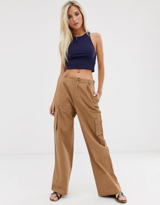 Daisy Street wide leg pants with patch pockets in brown | ASOS