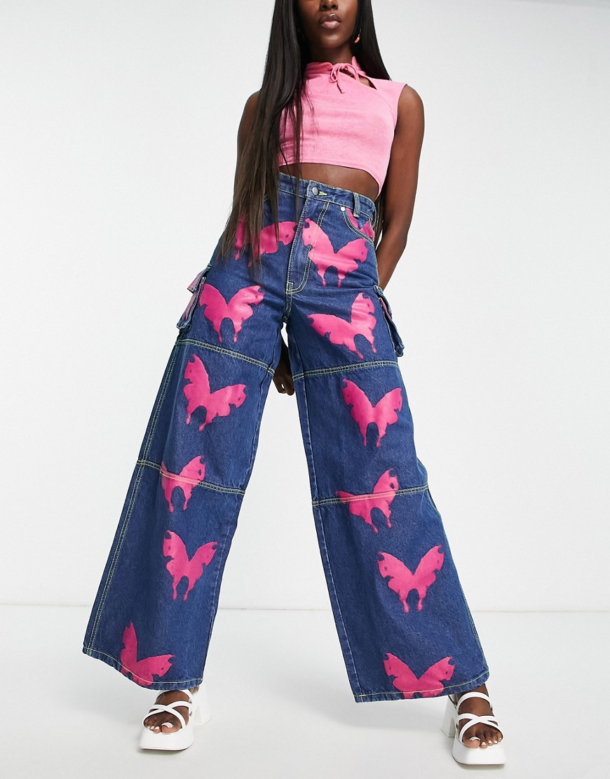 Daisy Street wide leg skater jeans with all over Y2K butterfly print-Blue