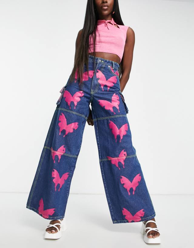 Daisy Street wide leg skater jeans with all over Y2K butterfly print