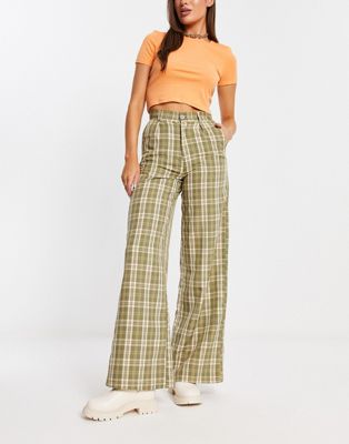 Daisy Street wide leg trousers in vintage green check-Brown