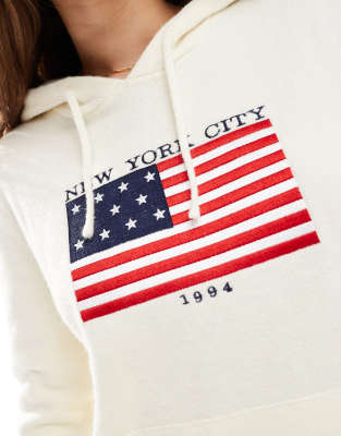 Daisy Street Wide Rib Hoodie With Flag Applique And Embroidery In White