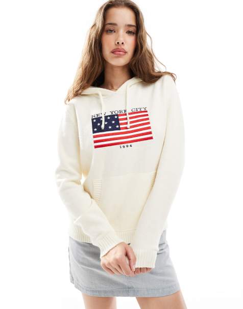 Daisy Street wide rib pull-over hoodie with flag applique and embroidery in cream - view 1