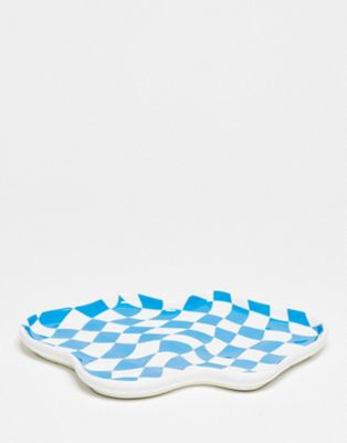 Daisy Street wobbly check trinket tray in blue and white - ASOS Price Checker