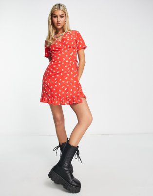 Daisy Street wrap front short sleeve mini dress in red ditsy | ASOS