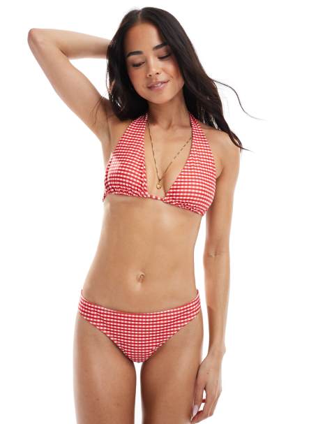 Daisy Street bow high leg bikini bottoms in red gingham