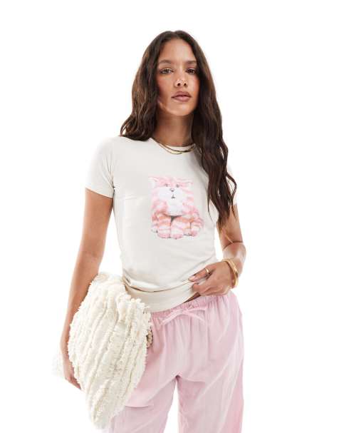 Daisy Street x Bagpuss - T-shirt corta e stretta bianco vintage con grafica - view 1