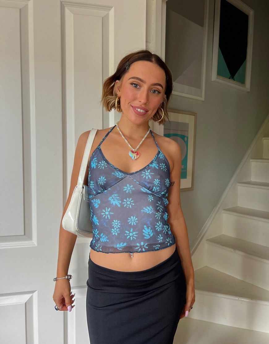Daisy Street X Chloe Davie halter cami top in printed mesh-Multi