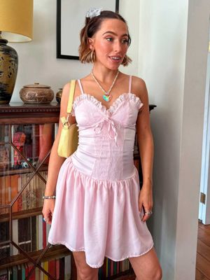 Daisy Street X Chloe Davie Y2K drop waist satin corset dress with frill hem - ASOS Price Checker