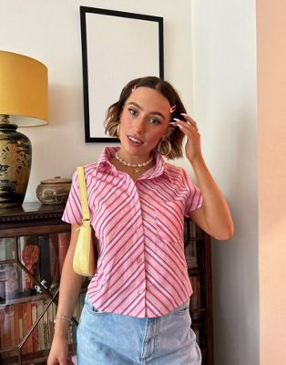 Daisy Street X Chloe Davie Y2K fitted crop shirt in pink retro stripe - ASOS Price Checker