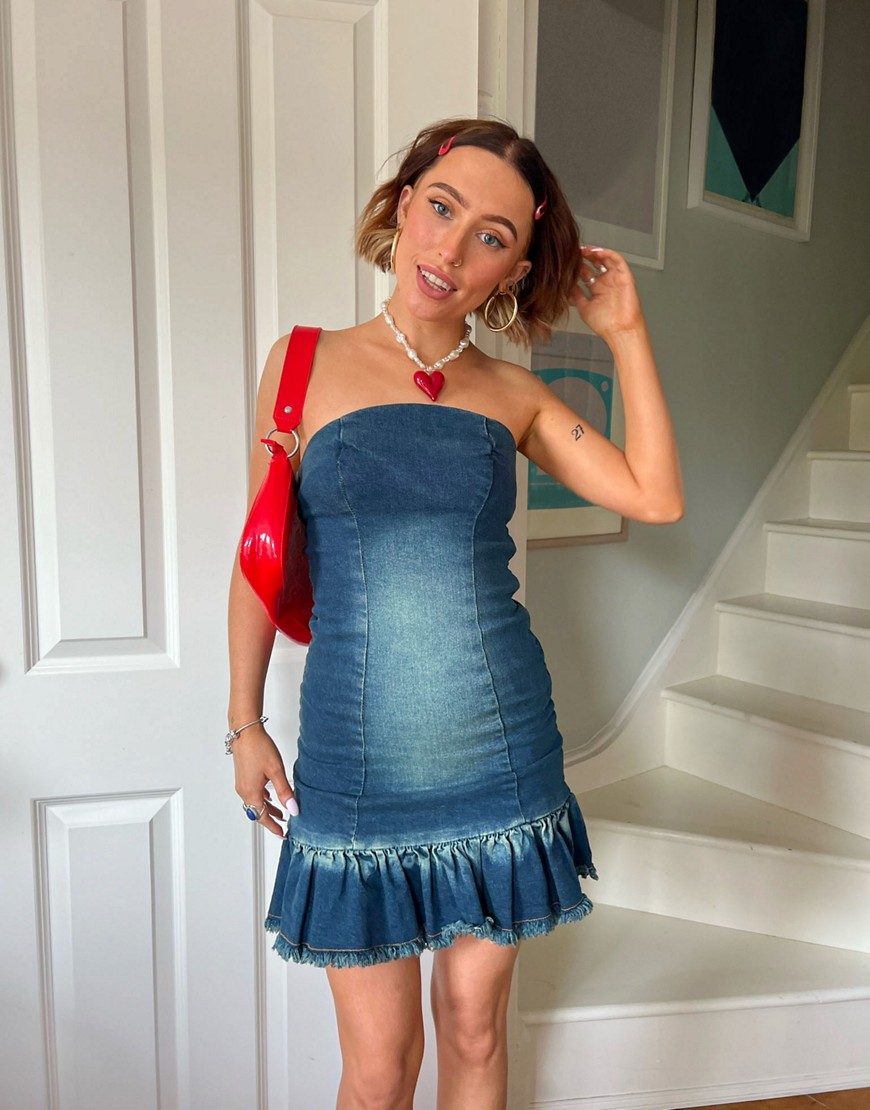 Daisy Street X Chloe Davie Y2K strapless mini bodycon dress in denim-Blue